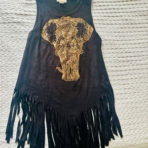 Black Soft Suede-like Tank Top with Gold Elephant Accent